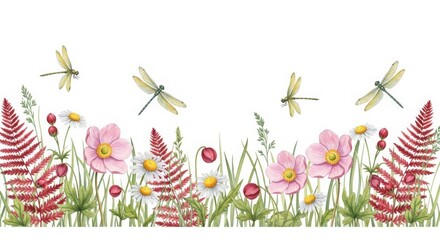 Watercolor meadow with pink flowers, ferns, and dragonflies isolated on white background for a whimsical and natureinspired design