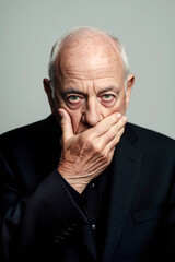 An elderly man with gray hair covers his mouth with one hand while gazing intensely, reflecting deep thought or surprise in a neutral-colored environment. Generative AI.