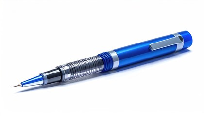 Blue pen rests on white surface. Isolated writing tool for office or student use