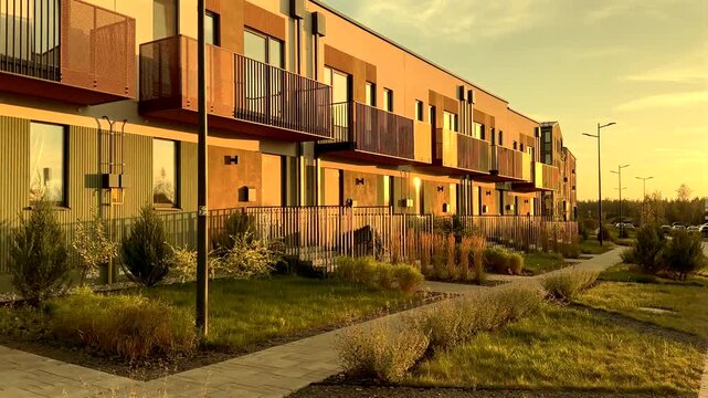 Modern Residential Building at Sunrise in Tranquil Neighborhood. Duplex Townhouse at Lush Greenery. Enjoy peaceful morning in contemporary apartment complex. Walkway Pathways at Townhouse on sunset.