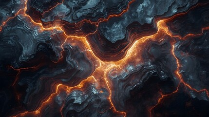 A dark, abstract background featuring a rugged, wavy geologic or stone texture with glowing, bright red-orange cracks resembling molten lava flow or powerful energy splitting the rock