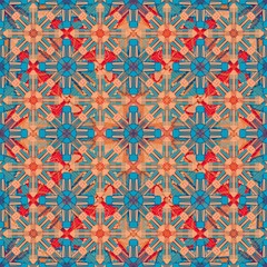 seamless pattern with flowers,orange, blue curves,painted create to flower shape,leaves with red background in geometric patterns as sarong,fabric,tile,printed fabric,batik,tablecloth patterns.