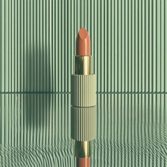 Peach lipstick with gold casing stands on wavy surface