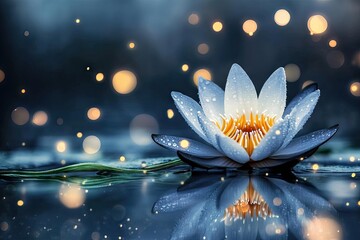 White lotus reflected in water with sparkling light bokeh