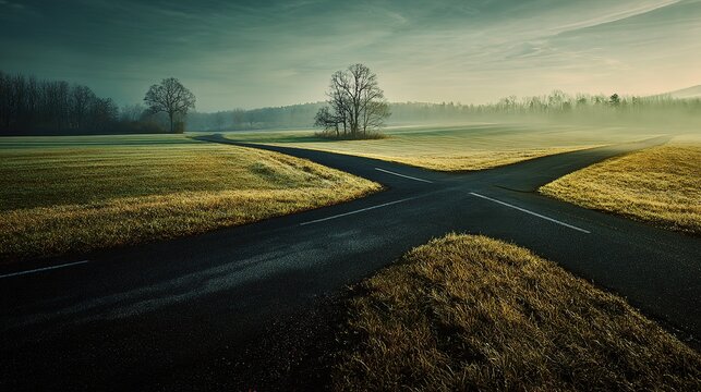 Y-fork road conceptual photography with morning light through fog highlighting dew on grass
