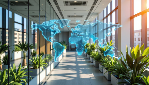 Business officeblurred global workspace with sunlight and digital world map overlay modern and green environment