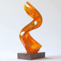 Curvy orange sculpture, mounted on a marbled base