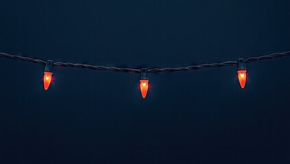 Lit red retro Christmas lights on twisted wire against dark blue