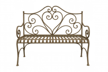 Wrought iron garden bench featuring heart shape design for romance and outdoor living on transparent background