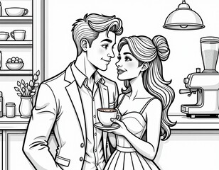 Affectionate Couple Sharing Coffee in Kitchen - Line Art Illustration