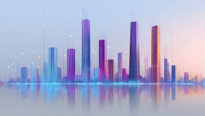 A futuristic cityscape, rendered with vibrant, interconnected buildings, showcasing digital lines and a serene reflective water surface.