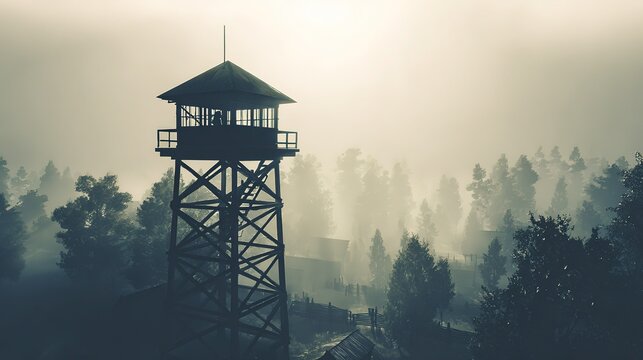 Soft morning light through mist illuminating isolated watchtower with sandbags and telescope silhouette