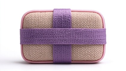 Rectangular cushion wrapped with purple ribbon, pink edges