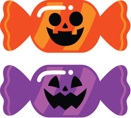 Purple and Orange Halloween Candy with Jack-o'-lantern Face, Spooky Treat with Ghost Face Wrapped illustration, Funny Halloween Sweet for Halloween Party Decoration Flat Design