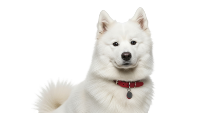 Isolated Samoyed dog with red collar looks directly at viewer in studio, no background