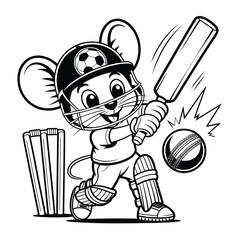 Cute cartoon mouse playing cricket with bat and ball