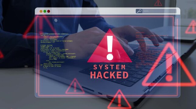 Cybersecurity breach concept with hacked system, malware attack, data theft and digital vulnerability. Abstract visualization of hacker intrusion and cybercrime	