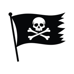 Black pirate flag with skull and crossbones waving
