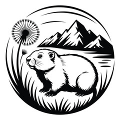 Whimsical marmot in a mountain landscape with dandelion