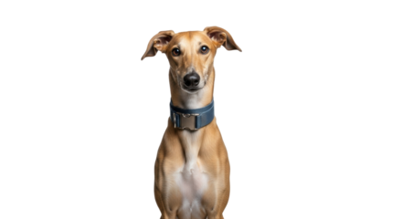 Isolated light-brown Greyhound wearing a dark blue collar on a neutral background, portrait
