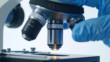 Photograph of a scientistss gloved hand adjusting the focus knobs of a modern laboratory microscope