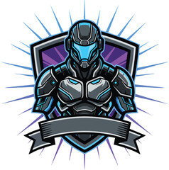 Futuristic Cyborg in High-Tech Armor with Shield and Banner, Vector Emblem Design