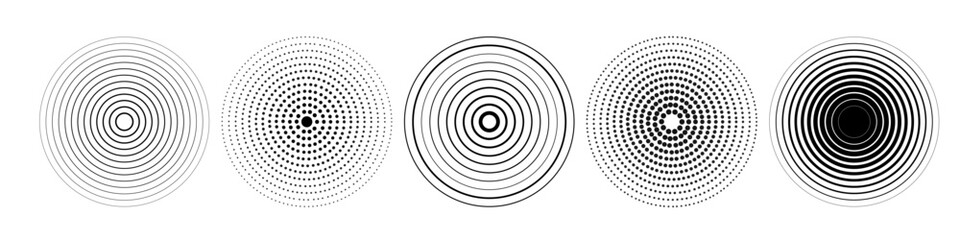 Linear set of radar icons, sonar waves, concentric radial signal circles, echo sounder symbols. Vector black and white illustration on a transparent background for interfaces and infographics