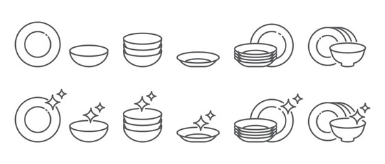 Plates linear icons set isolated on transparent background. Clean plates and dishes outline symbols. Simple vector designs perfect for kitchen, cooking and cleaning themes. Editable Stroke.
