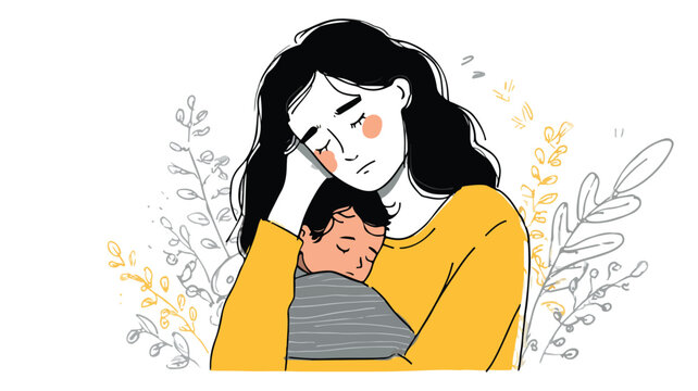 Postpartum Depression Cartoon Illustration: Motherhood Challenges and Mental Health Support