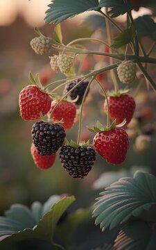 Ripening strawberries and blackberries dangle invitingly from lush green vines, promising a burst of summer sweetness and healthy goodness for vibrant culinary creations.