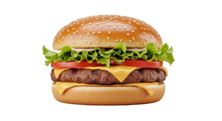 Isolated cheeseburger with sesame seed bun, juicy beef patty, lettuce, cheese, and tomatoes