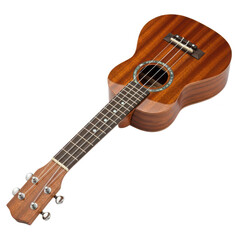 A traditional fourstring wooden ukulele with a rich mahogany grain and decorative rosette.