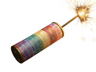 Festive rainbow firecracker decorated with a colorful geometric pattern and a brightly lit fuse isolated on transparent background