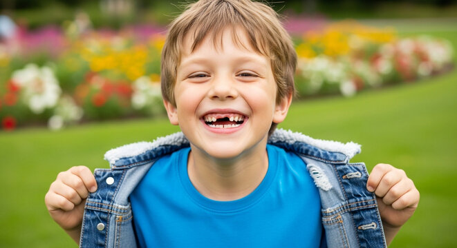 Joyful young boy with missing front teeth beaming with happiness outdoors amidst vibrant blooming flowers in a sunny park