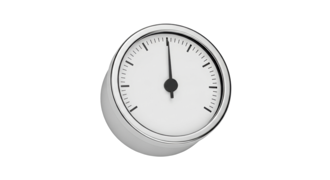 Isolated metallic gauge with hands at twelve o'clock, speedometer in perspective view