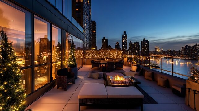 New Year's Eve inspired modern terrace with sparkling fairy lights cozy seating and a view of city fireworks creating an inviting space to welcome the new year with elegance and style
