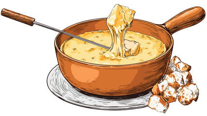 Delicious Cheese Fondue Dipping Food in Melted Cheese Vector