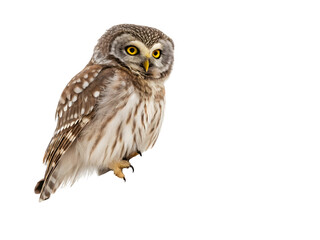 Boreal owl looking directly at the camera with intense yellow eyes and mottled brown plumage isolated on transparent background