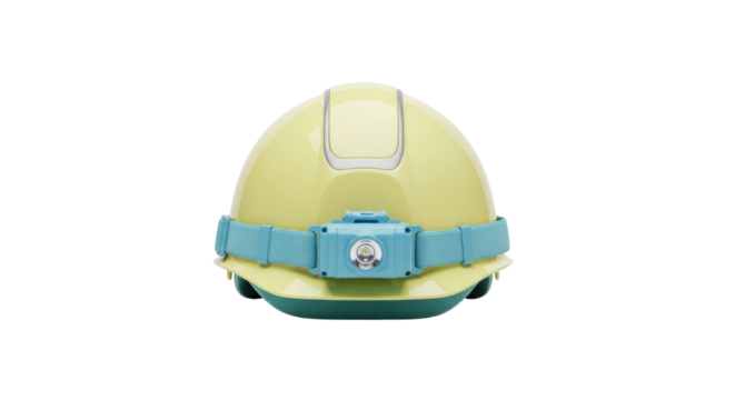 Isolated yellow hard hat with headlamp, safety equipment for working in dark environments - Powered by Adobe