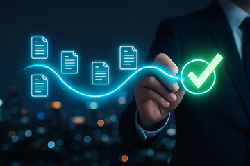 Businessman's hand drawing a digital wavy line connecting five document icons to a large glowing green check mark representing successful validation and compliance