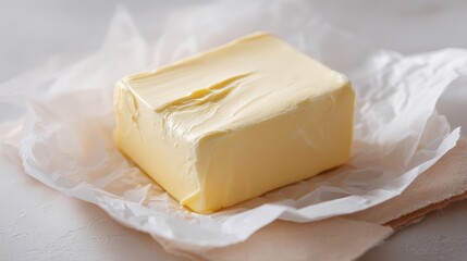 Fresh block of creamy yellow butter unwrapped on parchment paper, natural dairy product ingredient for cooking and baking