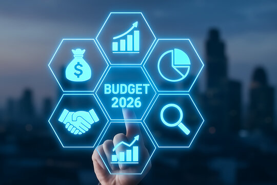 Finger touching a virtual screen with 'budget 2026' in the center and hexagonal icons for finance growth handshake and analysis over a city background