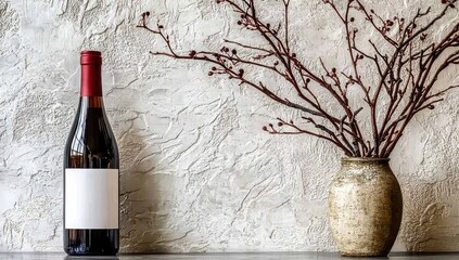 Wine bottle, blank label, next to vase with bare branches
