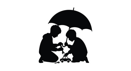 Two children sheltered under an umbrella playing with a toy car silhouette