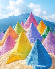Rainbow pyramids on sandy ground against blue skies