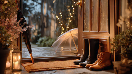 Cozy entrance with rubber boots, leather shoes, an umbrella, and decorative lanterns during a rainy evening at home