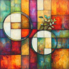 Colorful squares, circles & foliage abstract painting