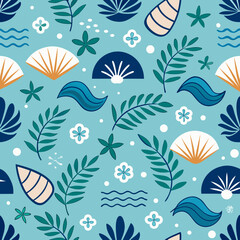 Blue Tropical Beach Pattern With Seashells Leaves And Sailboats