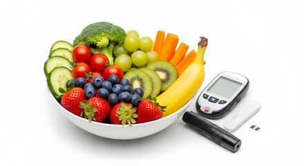 Fresh fruits and vegetables in a bowl with a glucose meter, test strips, and insulin pen on white background