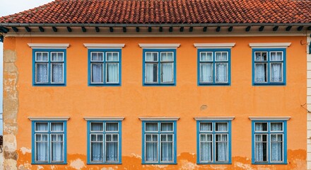 Fototapeta premium Vibrant orange facade with five symmetrical windows, framed in bright turquoise beneath a textured terracotta tile roof.